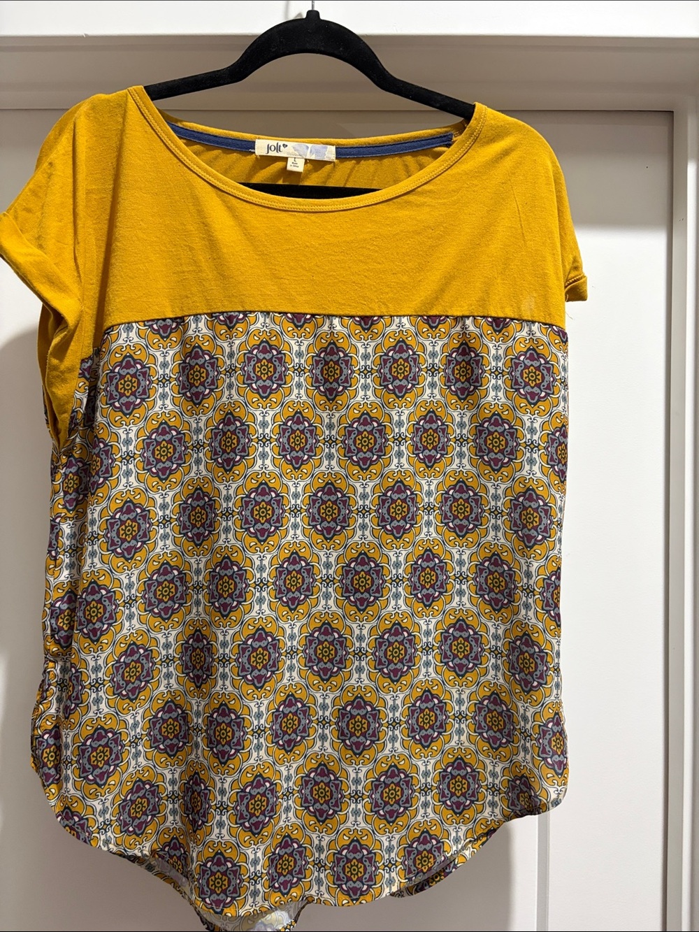 Jolt Mustard and Purple Patterned Mixed-Media Short Sleeve Top